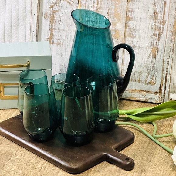 Kaj Franck Finland Teal Blue Glass Pitcher Nuutajarvi Iittala